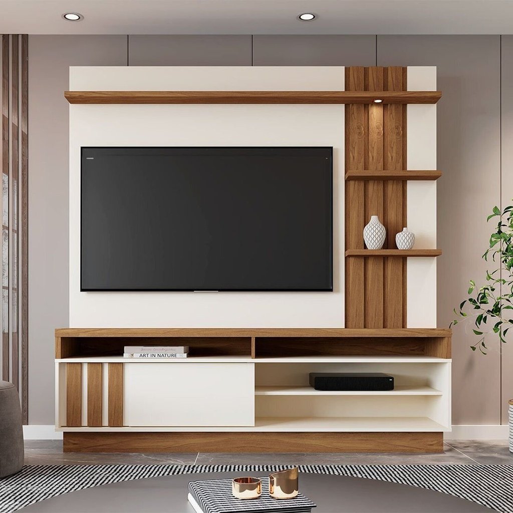 Estante para TV e Home Theater Ripado para TV até 55 Polegadas com LED 180CMX184CM LED Mariana Off White/Amêndoa