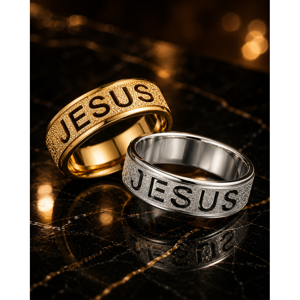 Anel Aço Inox Dourado e Prateado Jesus Diamantado 8mm Masculino e Feminino