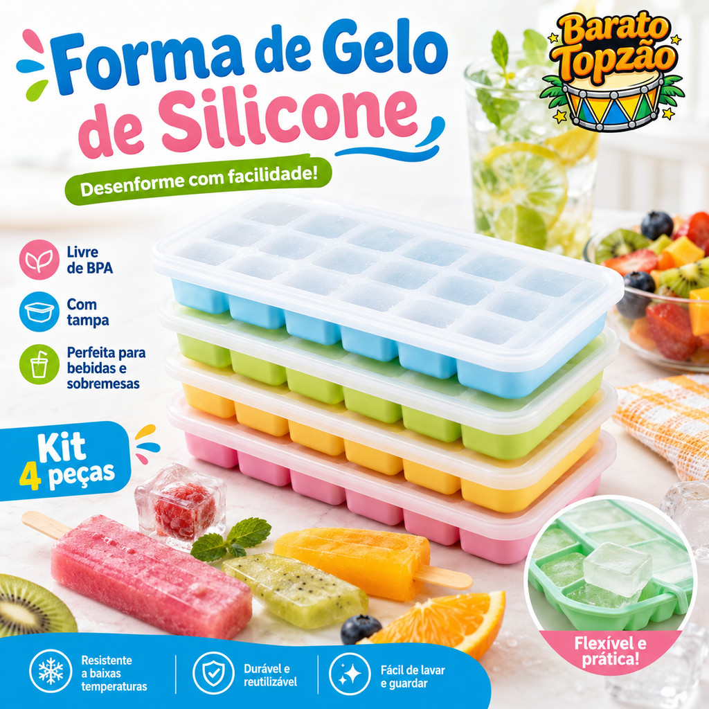 Forma de Gelo Silicone com Tampa Flexivel Facil Desenformar Livre BPA Picole Drinks Papinha Bebe - Envio Imediato