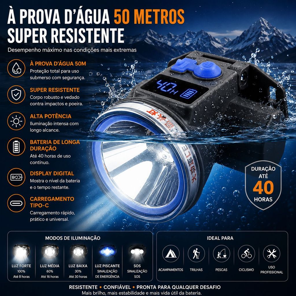 Lanterna De Cabeça Mergulho Led Recarregável À Prova D'água