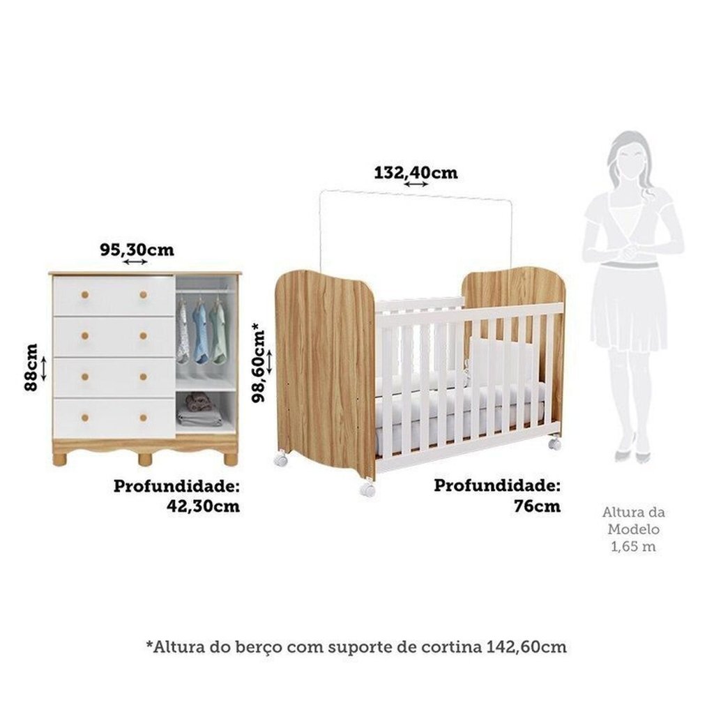 Quarto de Bebê Berço Americano e Cômoda 1 Porta 100% MDF Mimo Espresso Móveis Branco Brilho/Amêndoa Branco — imagem 2 de 2