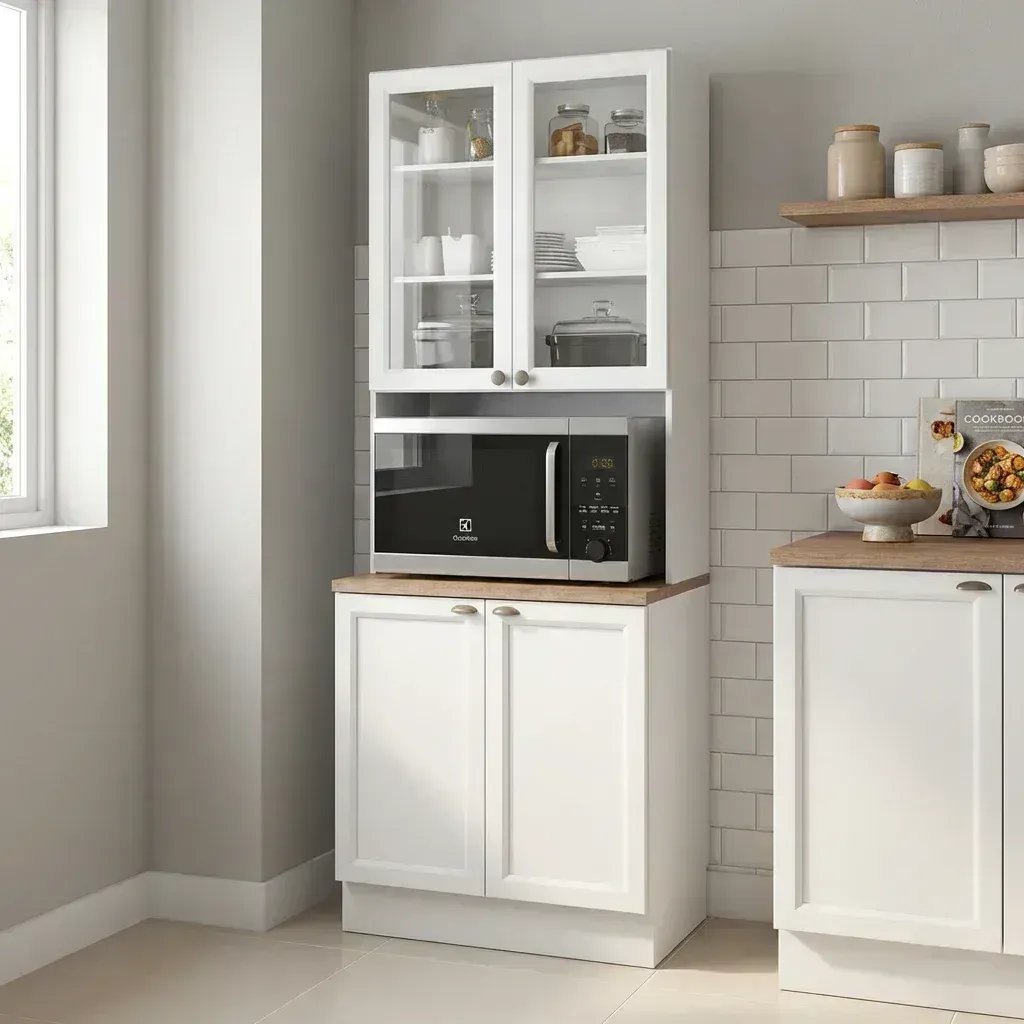 Paneleiro Duplo Americano com Nicho para Micro-Ondas com Vidro 4 Portas 213x70cm Unna Yescasa Branco Branco