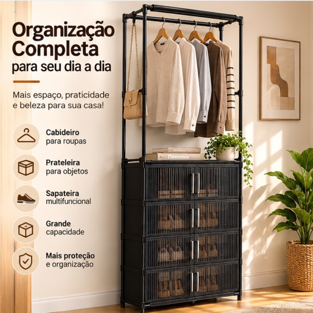 sapateira organizadora com arara cabideiro multiuso guarda-roupa portátil com capa e prateleiras grande
