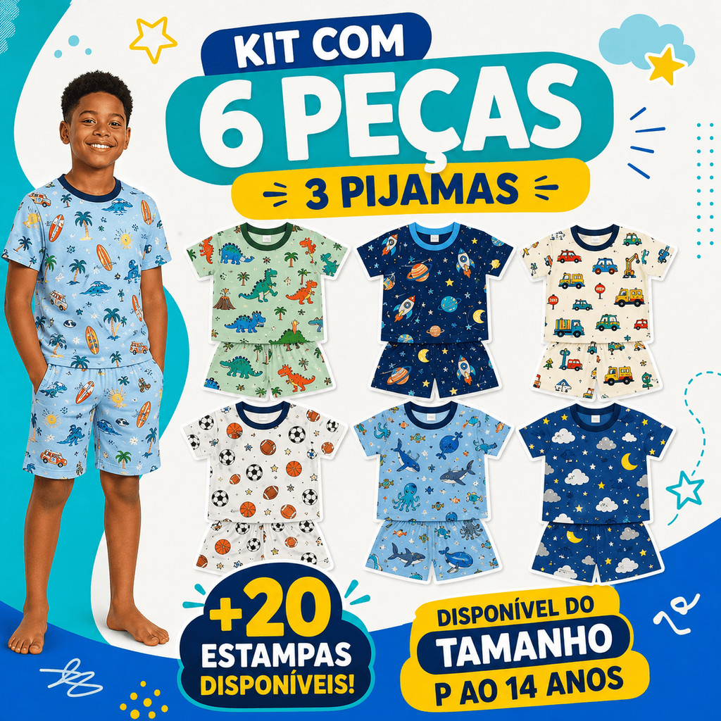 Kit 03 Pijamas Bebê Infantil Criança Menino Manga Curta Verão Calor Roupa de Dormir 6 Peças Estampas Sortidas – P ao 14