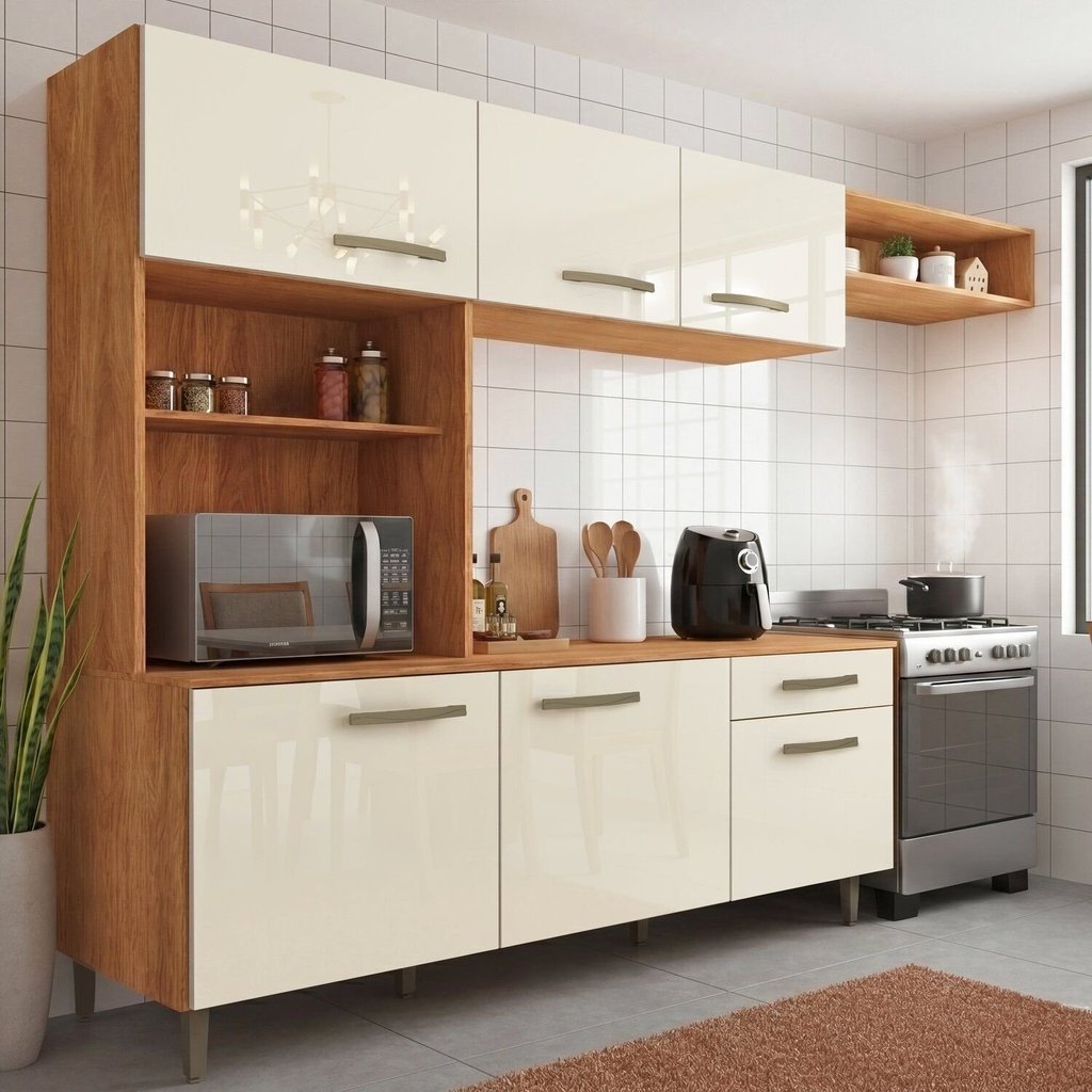 Cozinha Emilly 6 Portas 4 Gavetas c/Nichos Yescasa Bege/Cinamomo/Off White
