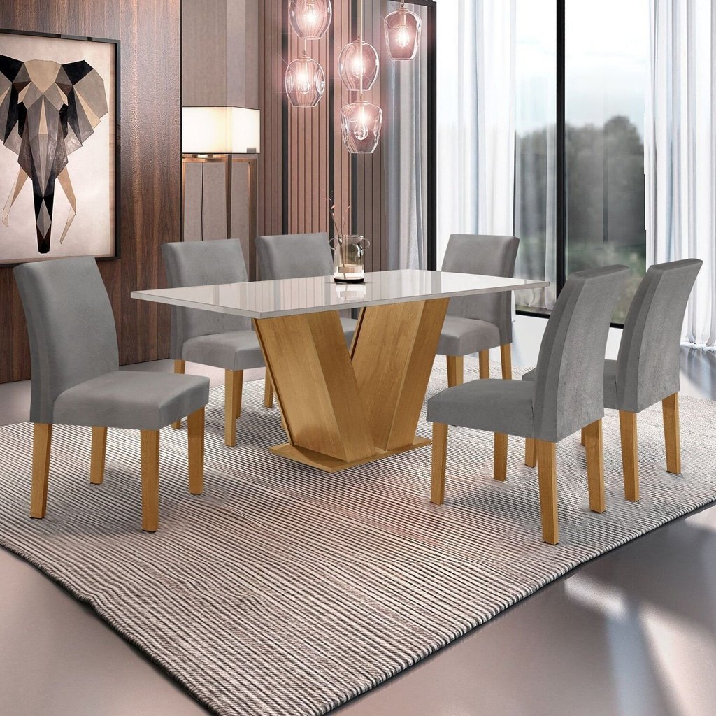 Conjunto Sala de Jantar Mesa Tampo MDF e Vidro 160x80cm com 6 Cadeiras Espanha Yescasa Cinamomo/Off White/Cinza