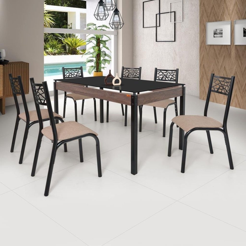 Conjunto Sala de Jantar Mesa Jade 140x80cm Tampo Vidro com 6 Cadeiras Bege/Preto/Linho Preto/Linho Bege