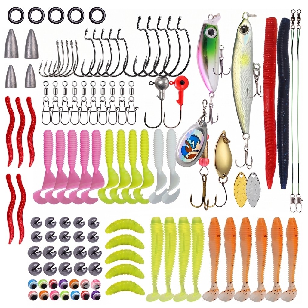 Kit Iscas de Pesca Composto 114 Peças Isca Artificial Soft e Hard, Anzóis, Chumb
