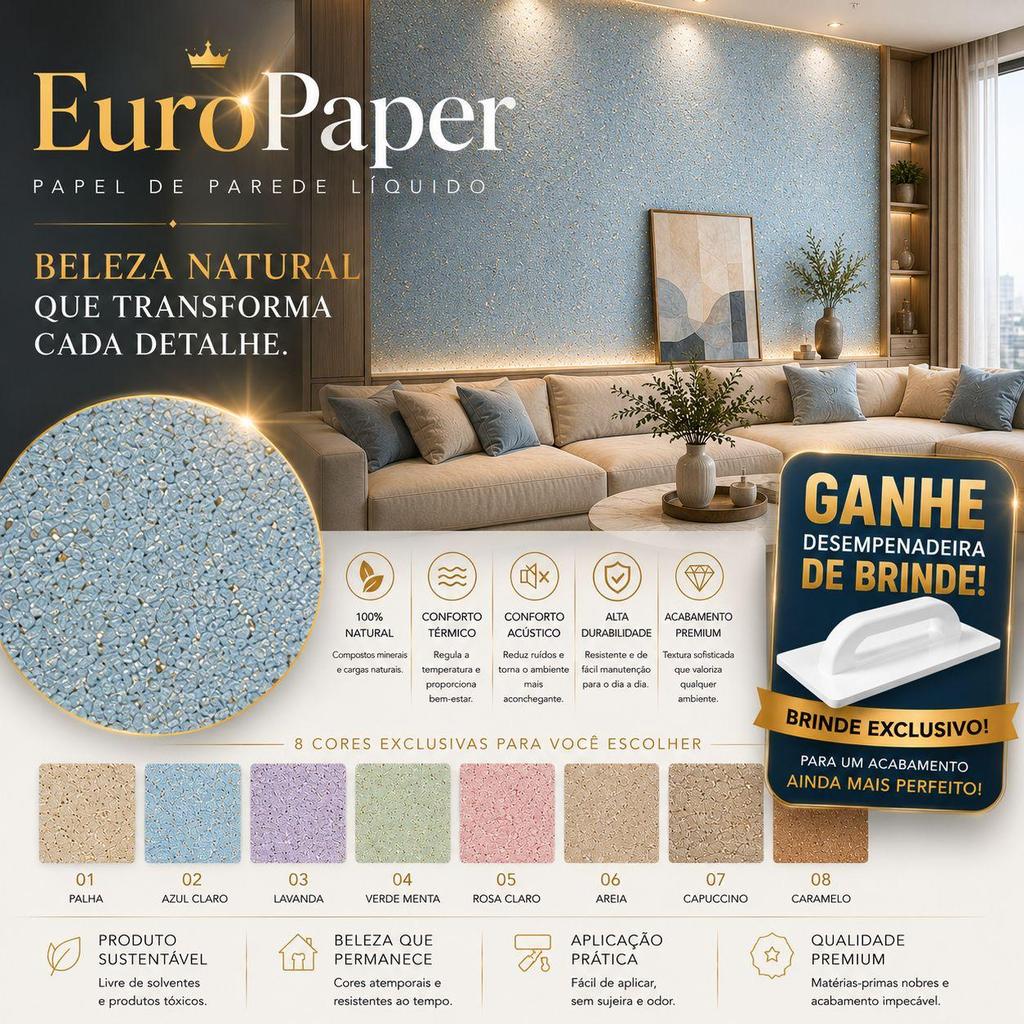 Papel de Parede Líquido EuroPaper Decoração Para Quarto Sala Várias Cores