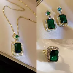 Conjunto De Colar E Brincos E Anéis Vintage De Esmeralda Colares Para Mulheres Esmeralda Zircão Brincos Pingente Anel