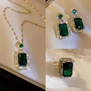 Conjunto De Colar E Brincos E Anéis Vintage De Esmeralda Colares Para Mulheres Esmeralda Zircão Brincos Pingente Anel