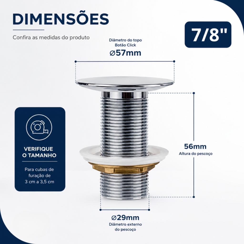 Válvula Lavatório Banheiro Pia Cuba 100% Metal Cromado Tamanho Universal 7/8