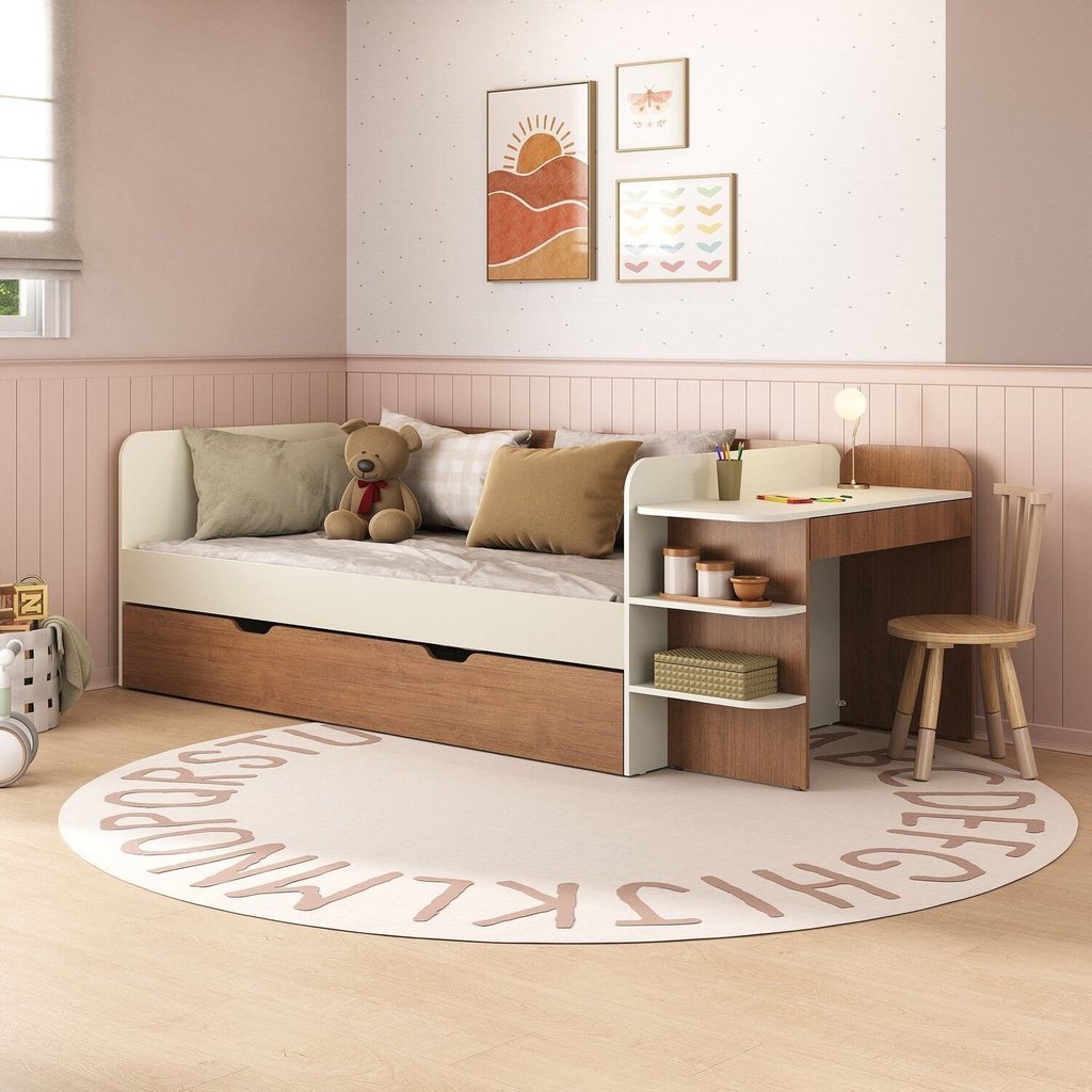 Cama de Solteiro Funcional Infantil com Escrivaninha e Cama Auxiliar 100% MDF Premium Helena Marrom/Off White/Castanho