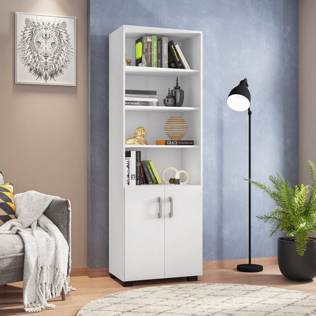 Armário para Escritório Livreiro Aberto 2 Portas 5 Prateleiras Móveis Leão Branco Branco