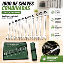Jogo de Chaves Combinadas com Catraca 2 em 1 – 14 Peças de 8 a 24mm | Aperto Rápido e Profissional
