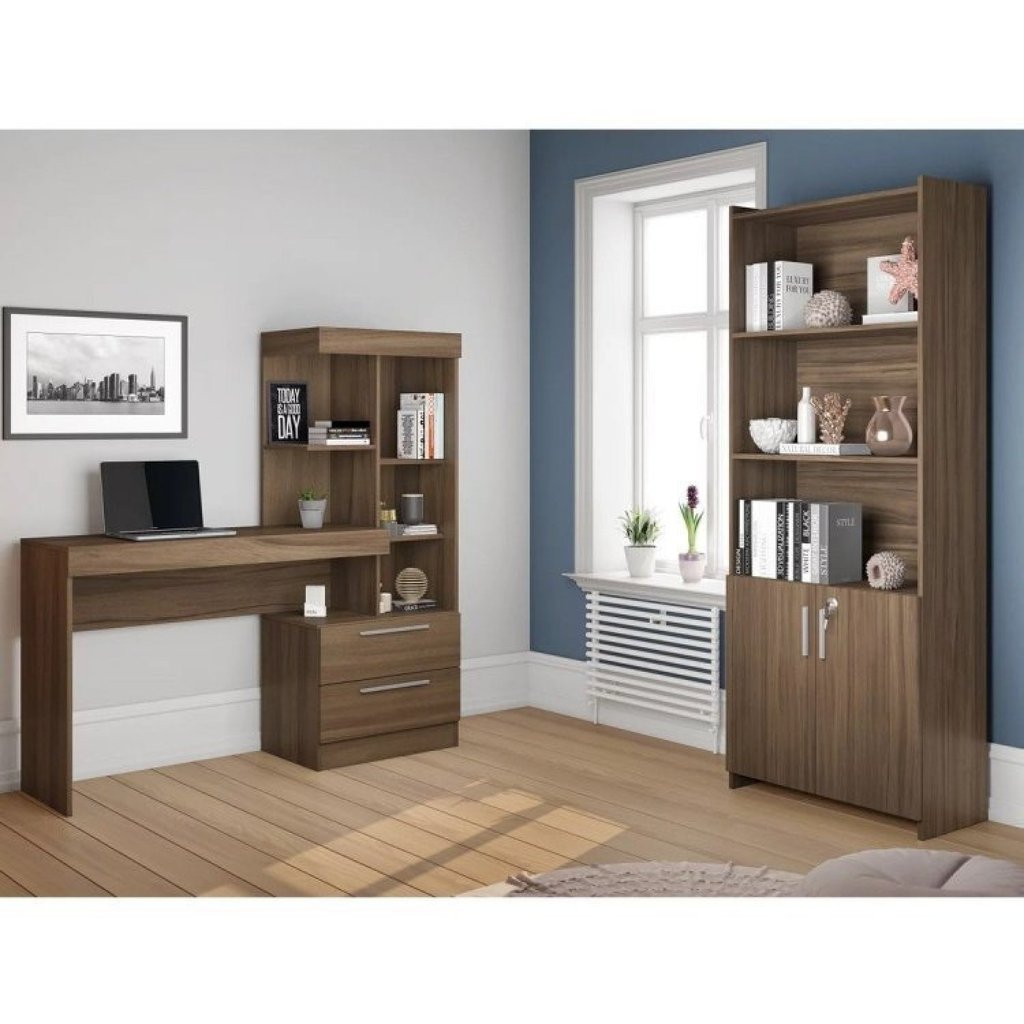 Conjunto 2 Peças 1 Escrivaninha com Estante 1 Armário 2 Portas Espresso Móveis Nogal Trend Marrom Nogal Trend