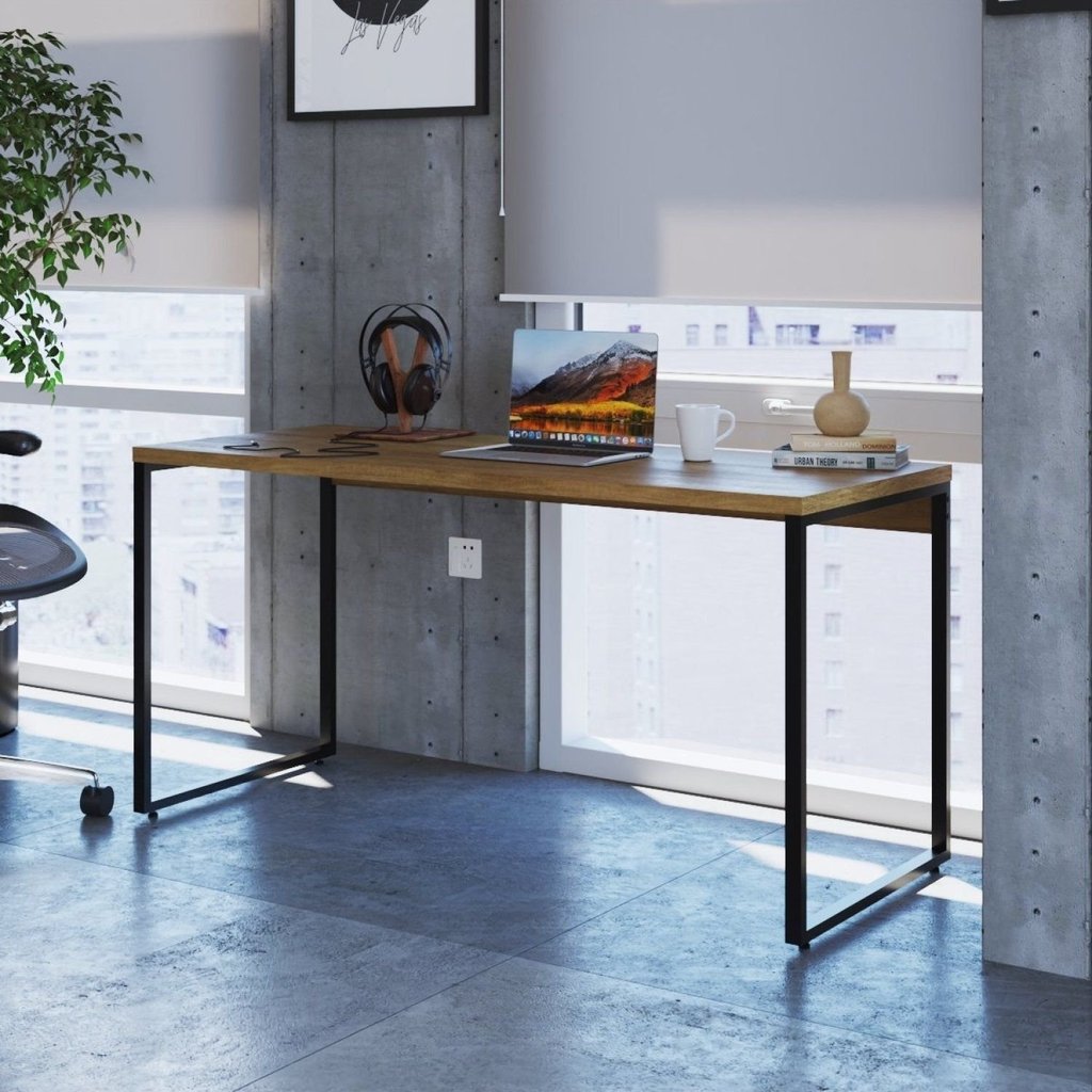 Escrivaninha Mesa Escritório Diretor Estilo Kuadra 150cm Industrial Lâmina Mel Marrom Lâmina Mel
