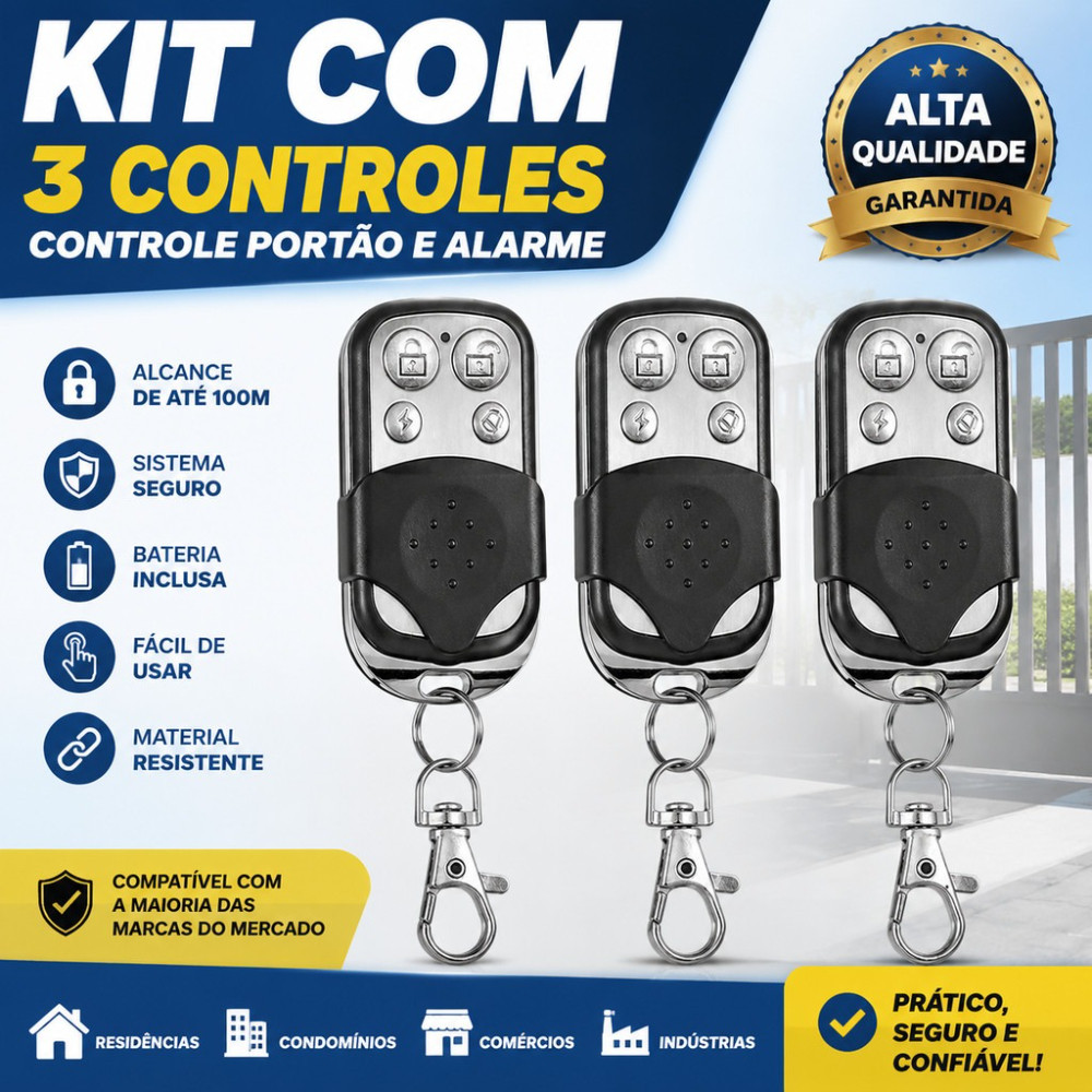 Kit 3 Controles Remoto Compatível 433Mhz Portão Electrónico Garagem 4 Botões Residencial