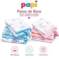 Kit 3 Panos de Boca Papi Soft 100% Algodão 40x40cm - Fralda para Bebê Com Prendedor de Chupeta