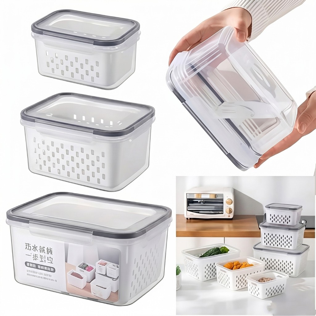 Kit 3 Organizadores Potes Hermetico Geladeira 850ML/1750ML/3300ML Alimentos Vegetais