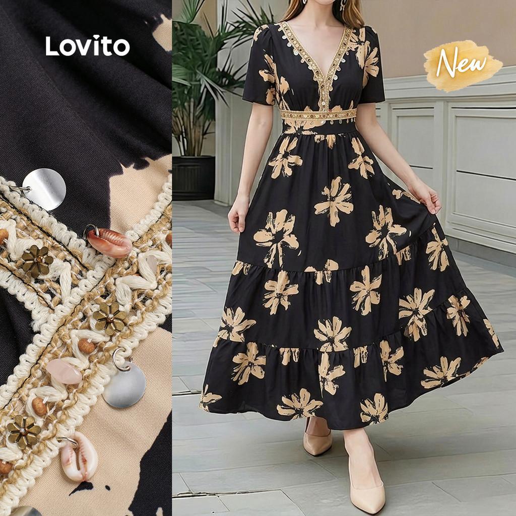 (New Arrival) Lovito Vestido Boho com Padrão de Borla para Primavera/verão Femin