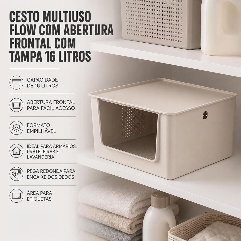 Cesto Multiuso Flow Com Abertura Frontal Com Tampa 16 Litros CFW1005 - Ou