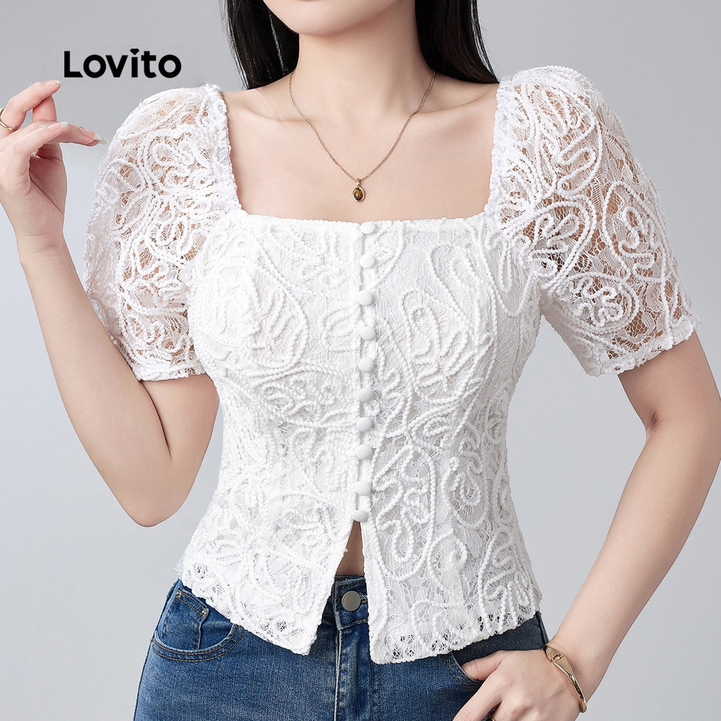 (Elegante)Lovito Blusa Peplum Branca Elegante Com Mangas Bufantes Em Renda Trans