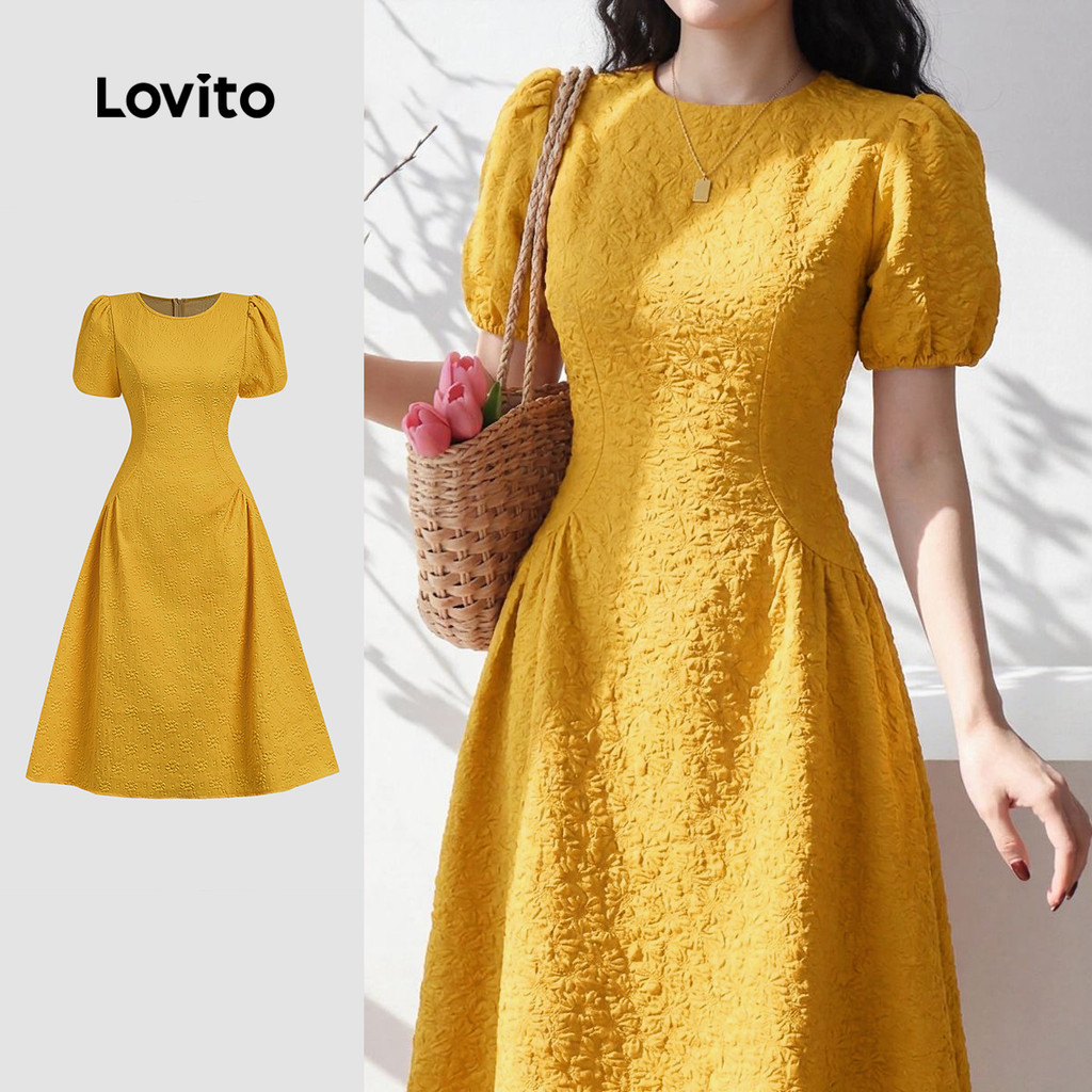 (New Arrival) Lovito Vestido Elegante com Zíper e Babado Amarelo Primavera/Verão