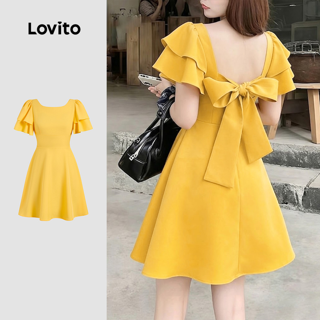 (New Arrival) Lovito Vestido Casual Amarelo com Laço e Franzidos Zíper Primavera