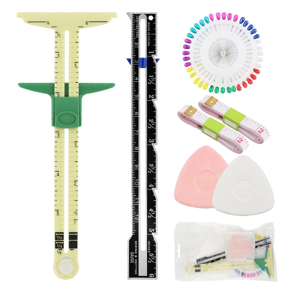 Conjunto de 7 Peças de Ferramentas de Medição para Costura, Régua Deslizante 5 em 1 para Tecido e Quilting com 2 Fitas M