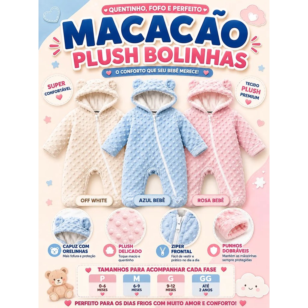 Macacão de inverno Soft 0-1 ano antialérgico com zíper