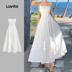 Lovito Férias Vestido Babado Enrugado Frente Amarrada Primavera/verão Branco para Mulheres L183ED033
