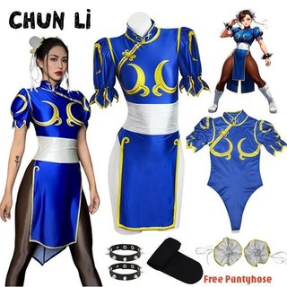 Fantasia de Cosplay de Chun Li de Street Fighter, Cheongsam Azul com Acessório para a Cabeça e Cinto, Fantasia de Hallow