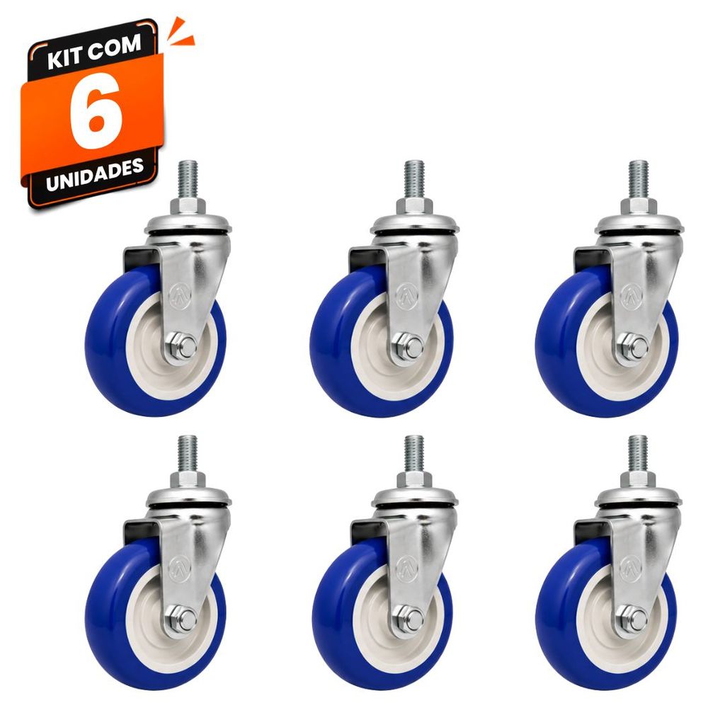 Kit 6 Rodinhas Rodas Giratórias Carrinho Supermercado Mercado Ajax Rosca 3" PVC Azul 80kg Alta Resistência para Comércio
