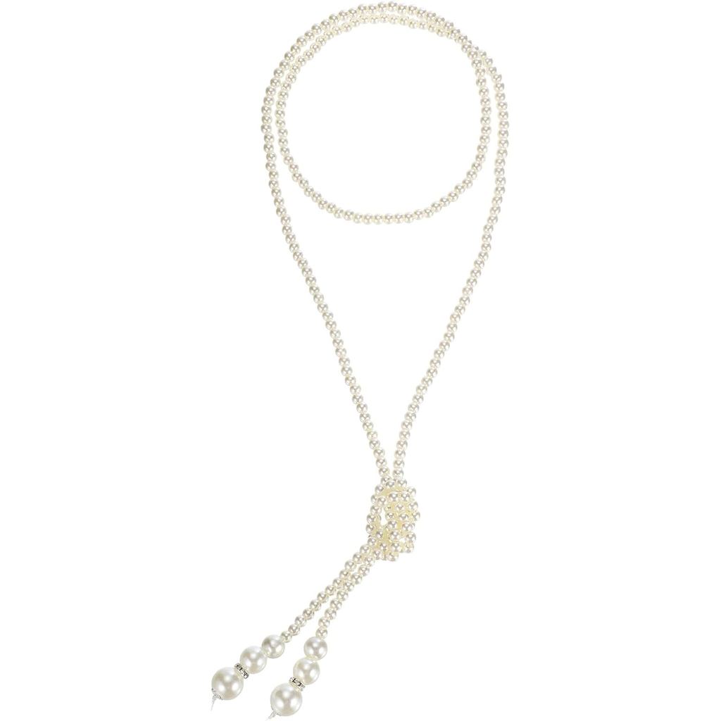 MECCANIXITY Colar Longo de Pérolas, Fio de Pérolas Falsas para Mulheres, Colar Longo de Pérolas em Camadas Estilo Flappe