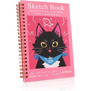 DSTELIN 7.5 x 5.1 Inch Sketch Book, 50 Sheets,100gsm, Spiral Bound Black Hardcover with Red Cover, Ideal for Sketching a