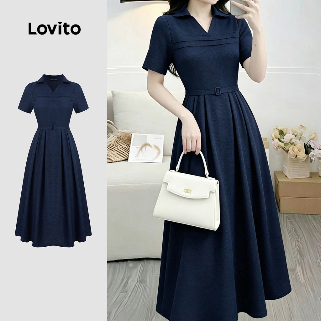 (New Arrival) Lovito Vestido Verde Casual de Primavera/verão com Pregas para Mul