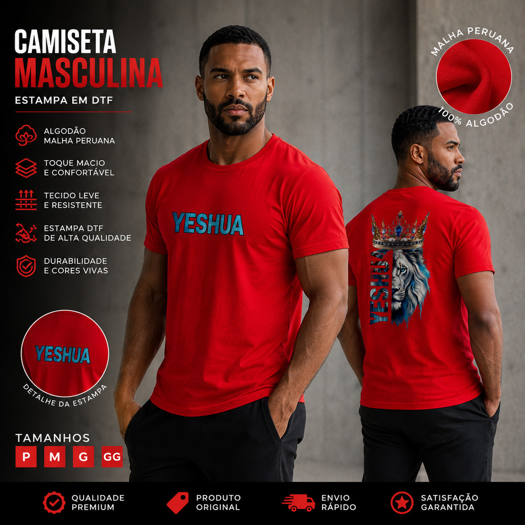 Camiseta Masculina Leão Yeshua Cristão Malha Peruana Premium Vermelha Camiseta Confortável