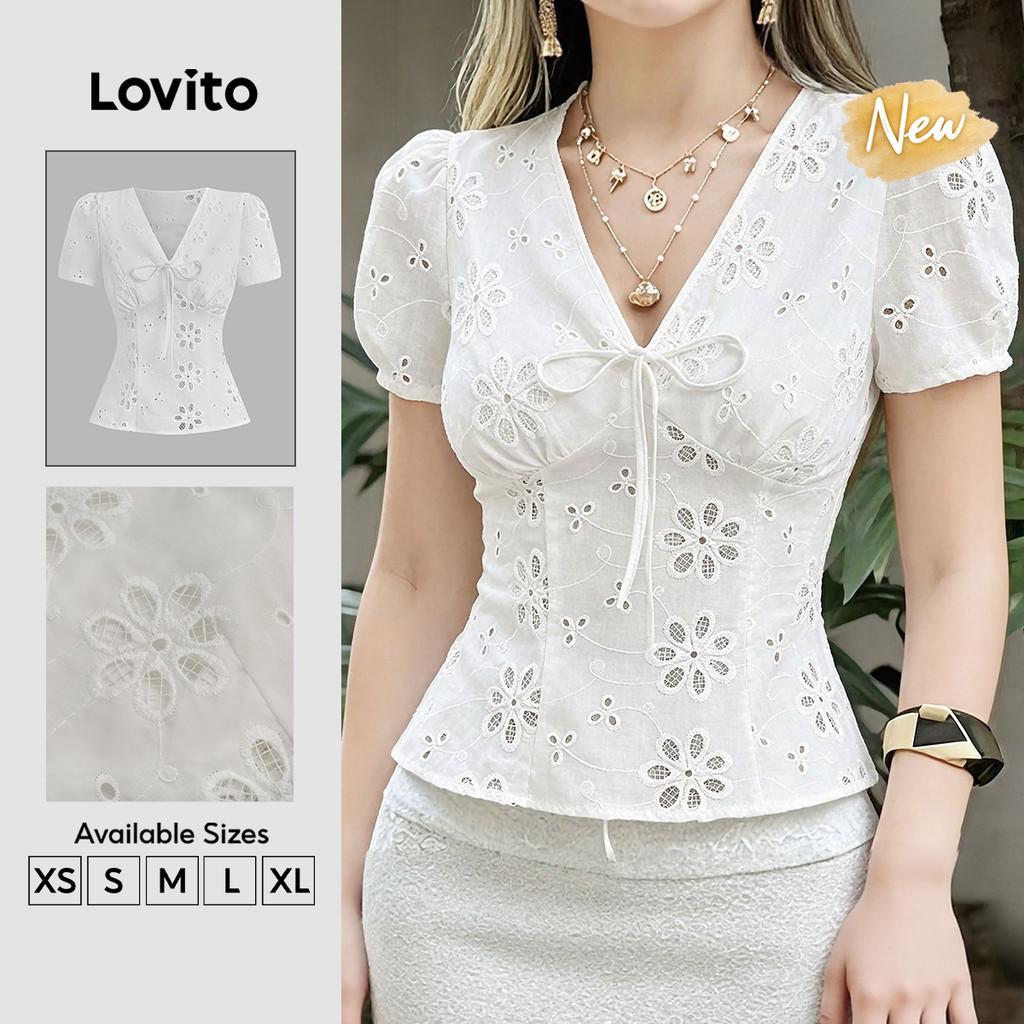 (New Arrival) Lovito Blusa Boho com Bordado em Ilhós e Amarração Frontal Branca Offwhite para primavera/verão BLB202P2D067