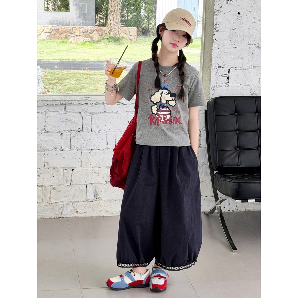 Meninas terno de verão 2026 novo estilo moda grandes crianças coreano dos desenhos animados impresso camiseta calças de 