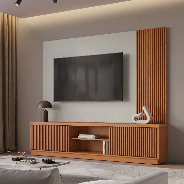 Estante para TV e Home Theater Ripado para TV até 75 Polegadas 100% MDF 220cm 2 Portas Valencia Bege Naturalle/Off