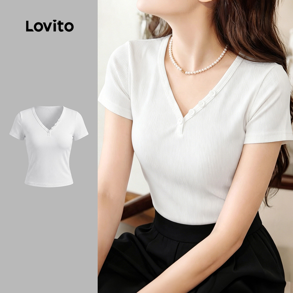 (New Arrival) Lovito Camiseta Casual com Botões Estilo Versátil Primavera/verão 
