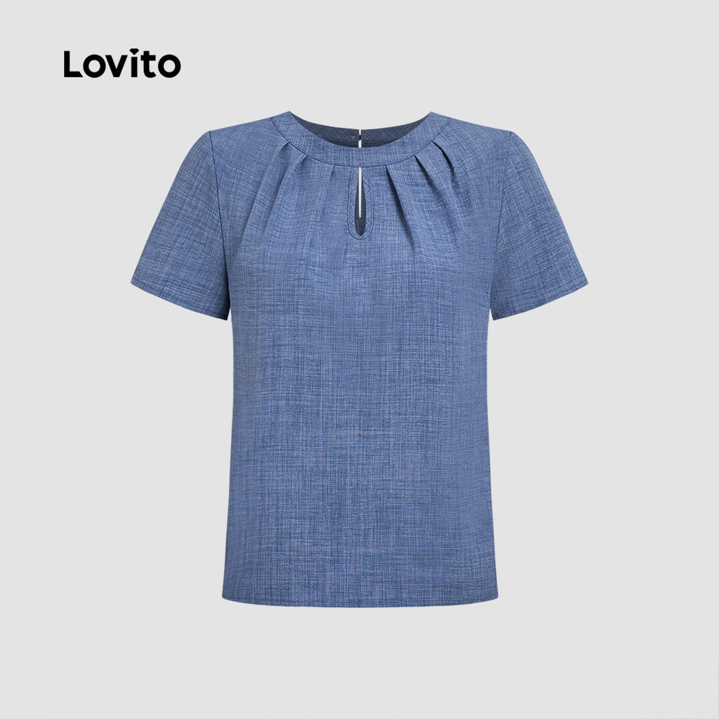 Lovito Elegante Blusa Plissada com Detalhes Vazados Primavera/verão Azul para Mulheres L184LD934 · foto 2