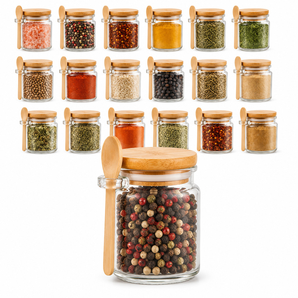 Kit 20 Porta Temperos 200ml com Colher Potes de Vidro Herméticos Tampa Bambu Saleiro Organizador para Cozinha
