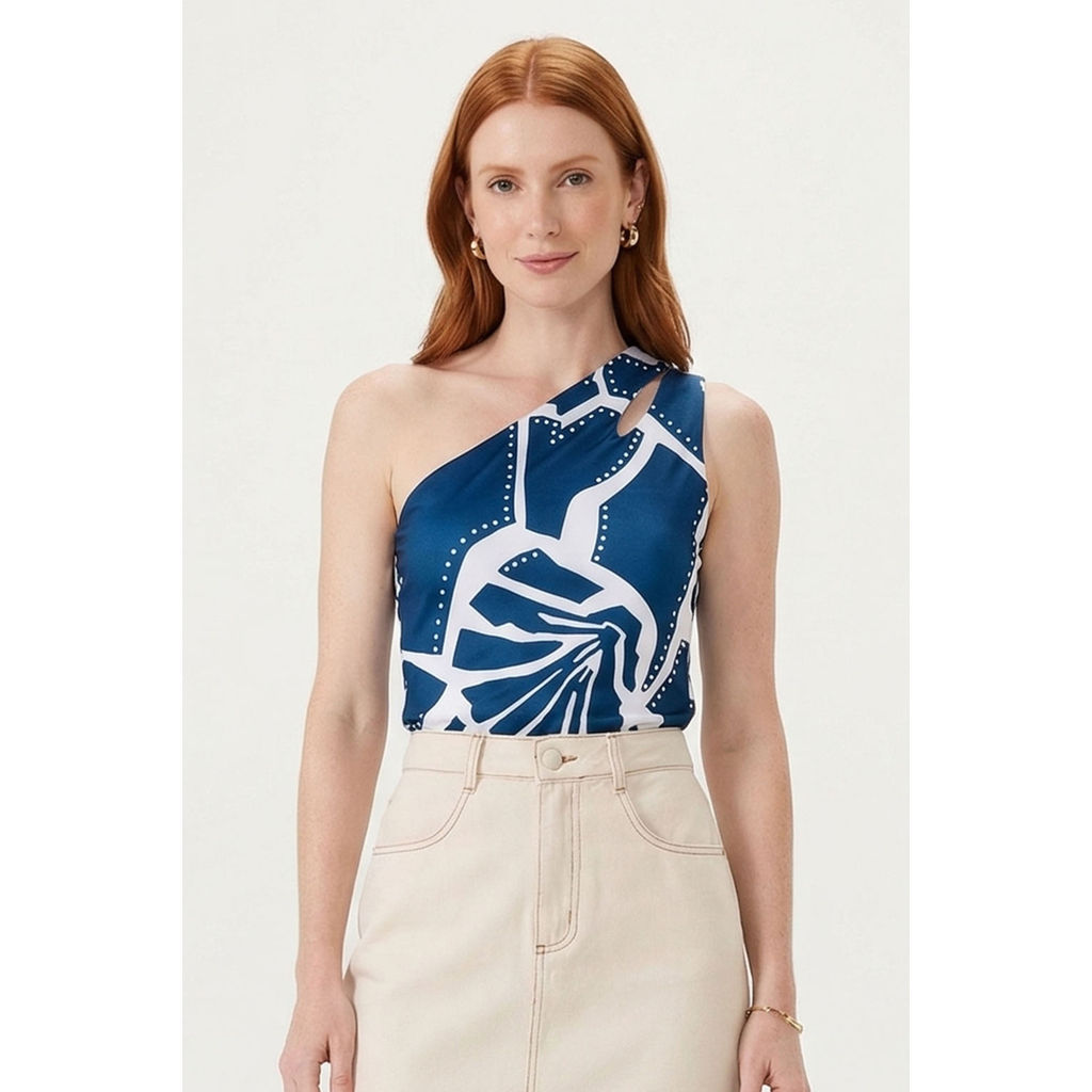 Blusa Feminina Um Ombro Só Com Gota Marialícia Azul