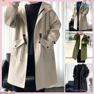 [LK] Trench Coat Masculino Com Capuz , Ajuste Solto , Comprimento Médio , Bolsos Grandes , Manga Comprida , À Prova De V