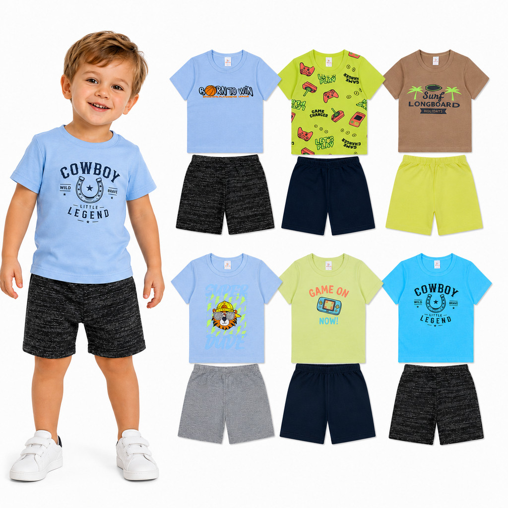 Conjunto Infantil Menino Verão 3 Conjuntos Camiseta Bermuda - Brincadeiras Parque Escola Passeio Viagem Confortável