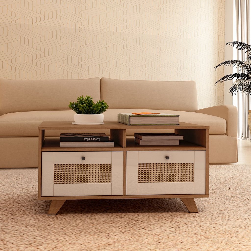 Mesa de Centro 2 Gavetas e Detalhe em Impressão Palha Trama Marrom 100% MDF Cinamomo/Off White