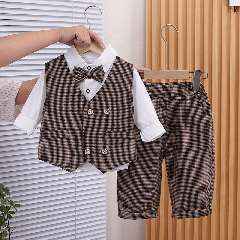 Nova Primavera Outono Bebê Meninos Conjuntos De Roupas De Cavalheiro Crianças Clássico Colete Xadrez + Camisa Branca Com