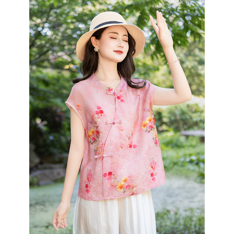 Estilo chinês abotoado manga curta topo feminino verão solto em torno do pescoço Floral rosa Retro elegante camisa de me